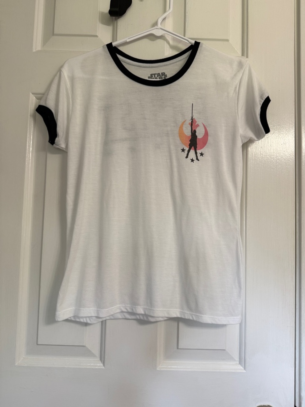 Star Wars White Ringer Tee with Black Trim and Sunset Crest